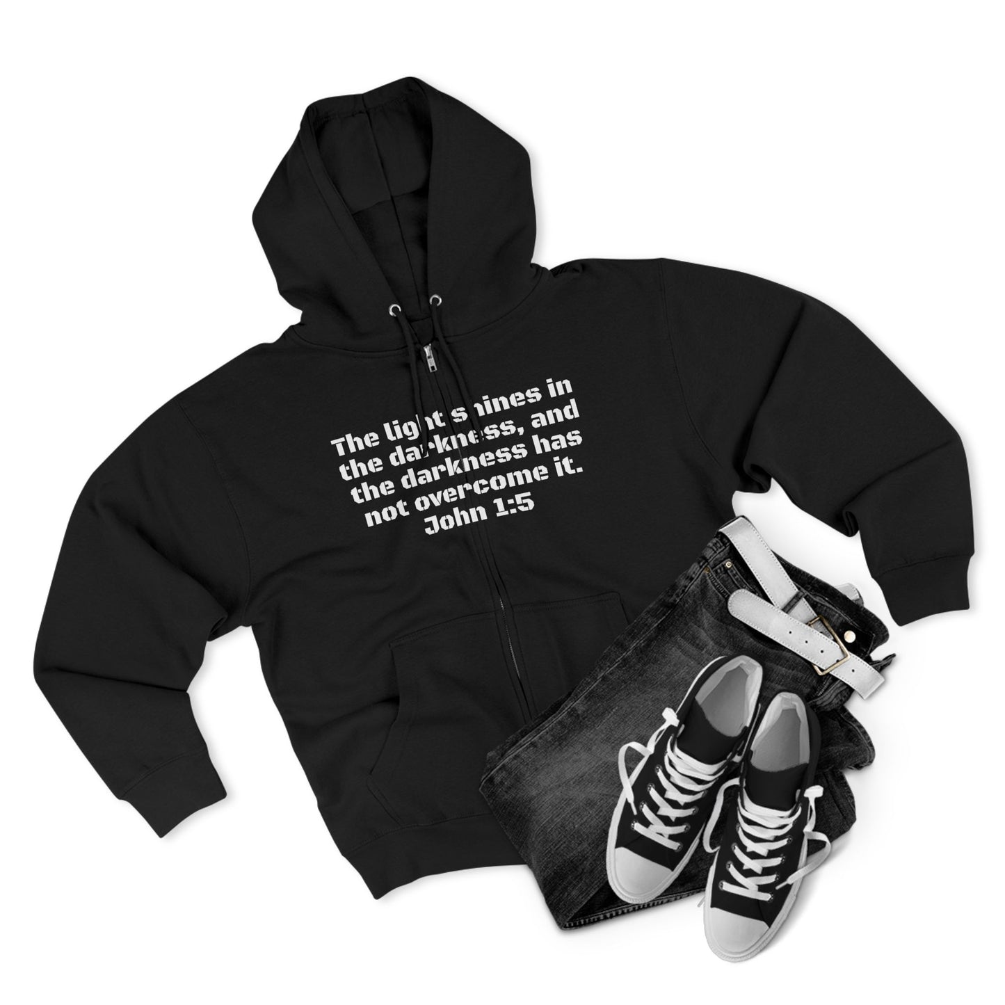 Zip Hoodie - John 1:5 Verse & Bear Arms in the Dark Design