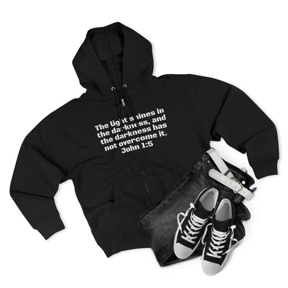 Zip Hoodie - John 1:5 Verse & Bear Arms in the Dark Design