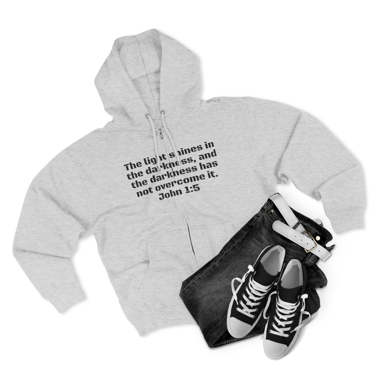 Zip Hoodie - John 1:5 Verse & Bear Arms in the Dark Design